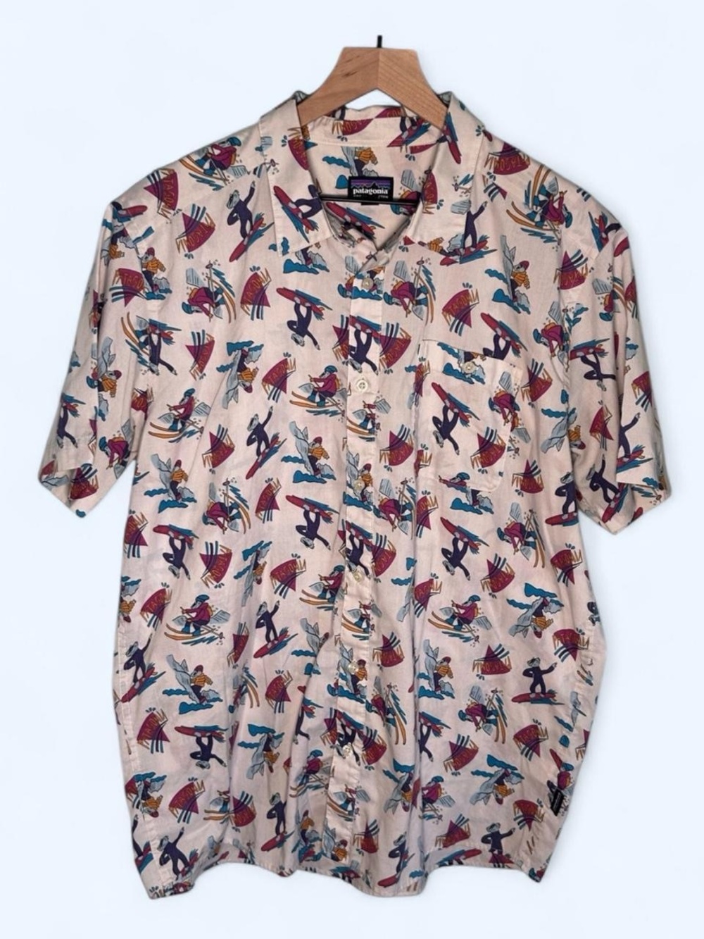Patagonia Y2K Inspired White Surf Print Short Sleeve Button-Down Shirt